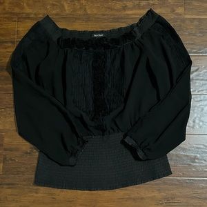 White House Black Market off-the-shoulder silky black top.